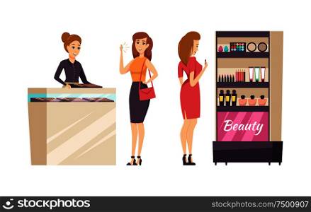 Female shopaholic choosing cosmetics set vector. Makeup and visage, stand with powder, palette and foundation, lipstick and mascara. Jewelry store. Female Shopaholic Choosing Cosmetics Set Vector
