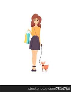 Female shopaholic walking with pet dog vector. Woman customer returning from shopping with paper bags, handbag on shoulder. Shopper with purchases. Female Shopaholic Walking with Pet Dog Vector