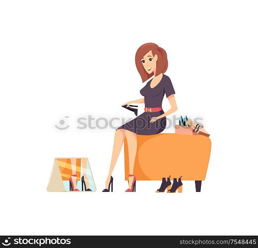 Female shopaholic wearing and trying on new shoes on heel. Store shop with boots variety and mirror to see if it suits vector. Lady shopping fashion. Female Shopaholic Wearing Shoes in Store Vector