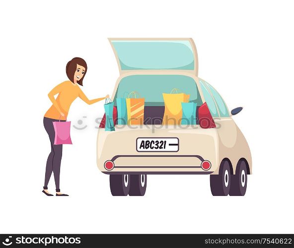 Female shopaholic woman with bags and purchases putting into car vector. Woman returning home from shopping center and shops. Lady with purchases. Female Shopaholic Woman with Bags and Car Vector