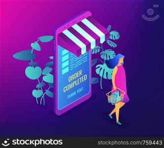Female shopper buying with huge smartphone and online order completed. Online shopping and order confirm, online shopping cart and ecommerce concept. Ultraviolet neon vector isometric 3D illustration.. Online shopping concept vector isometric illustration.