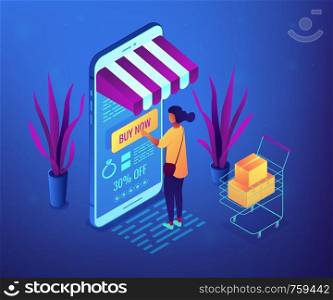 Female shopper buying with mobile phone and shopping cart with purchases. Online purchase and order, buy now, add to cart and online sale concept. Ultraviolet neon vector isometric 3D illustration.. Online purchase concept vector isometric illustration.
