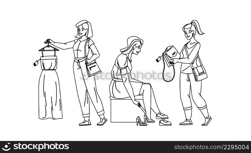 Female Shopping Occupation In Clothes Store Black Line Pencil Drawing Vector. Woman Trying Shoes, Choosing Dress And Bag In Clothing Shop, Female Shopping. Characters Making Purchase Illustration. Female Shopping Occupation In Clothes Store Vector