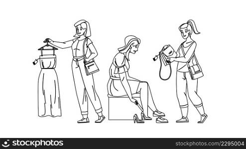 Female Shopping Occupation In Clothes Store Black Line Pencil Drawing Vector. Woman Trying Shoes, Choosing Dress And Bag In Clothing Shop, Female Shopping. Characters Making Purchase Illustration. Female Shopping Occupation In Clothes Store Vector