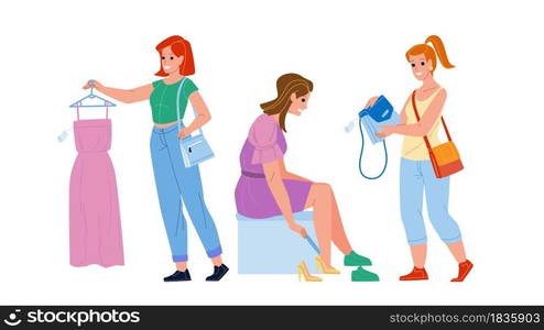 Female Shopping Occupation In Clothes Store Vector. Woman Trying Shoes, Choosing Dress And Bag In Clothing Shop, Female Shopping. Characters Making Purchase Flat Cartoon Illustration. Female Shopping Occupation In Clothes Store Vector