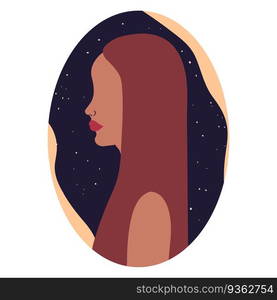 Female silhouette on night sky background. Abstract woman profile. Contemporary art. Femininity. Hand drawn