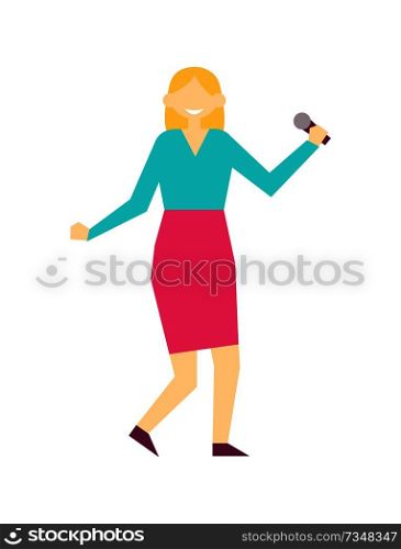 Female singing with mike, woman wearing skirt, and sweater of blue color, lady with microphone at birthday party, isolated on vector illustration. Female Singing with Mike, Vector Illustration