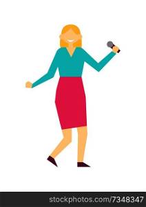 Female singing with mike, woman wearing skirt, and sweater of blue color, lady with microphone at birthday party, isolated on vector illustration. Female Singing with Mike, Vector Illustration