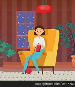 Female sitting on armchair with needles and ball, crocheting indoor. Hobby of woman knitting at home, houseplant in room, dark view from window vector. Woman Knitting at Home, Needlecraft Hobby Vector