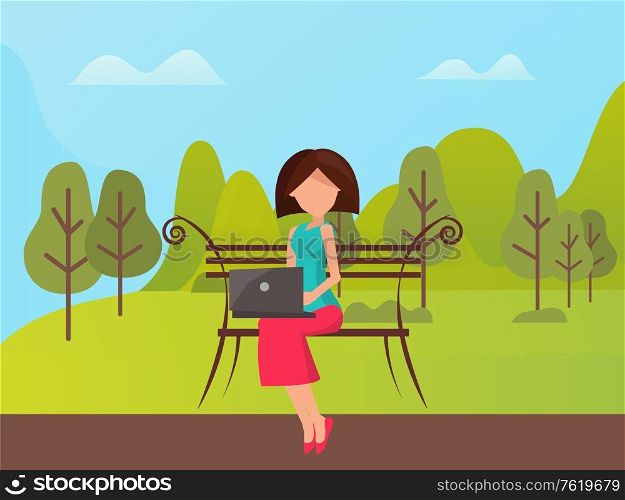 Female sitting on bench and using laptop, working outdoor. Portrait view of woman with wireless device, mountain landscape and green nature vector. Woman Using Laptop Outdoor Sitting on Bench Vector