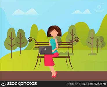 Female sitting on bench and using laptop, working outdoor. Portrait view of woman with wireless device, mountain landscape and green nature vector. Woman Using Laptop Outdoor Sitting on Bench Vector