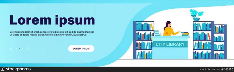 Female smiling librarian standing at counter. Book, shelf, paper flat vector illustration. City library and knowledge concept for banner, website design or landing web page
