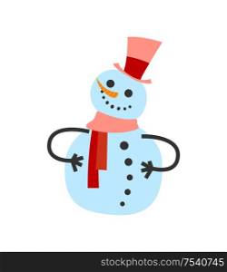 Female snowman in warm winter scarf and high hat. Smiling cartoon wintertime character greets everyone, Christmas postcard isolated vector snowball icon. Female Snowman in Warm Winter Scarf and High Hat
