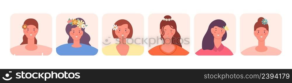 Female spring style portraits. Young women avatars with flowers in hair. Cartoon flat girl characters, cute lady vector set of portrait female spring illustration. Female spring style portraits. Young women avatars with flowers in hair. Cartoon flat girl characters, cute lady vector set