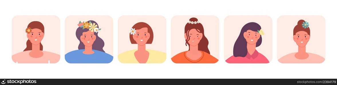 Female spring style portraits. Young women avatars with flowers in hair. Cartoon flat girl characters, cute lady vector set of portrait female spring illustration. Female spring style portraits. Young women avatars with flowers in hair. Cartoon flat girl characters, cute lady vector set