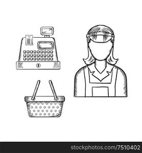 Female store seller in uniform with cash register and shopping cart. Sketch icons for retail or profession theme design