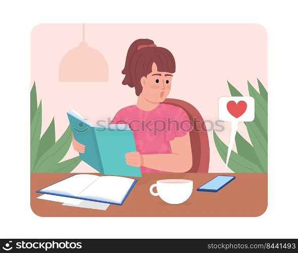 Female student distracted by notifications on phone 2D vector isolated illustration. Surprised girl flat character on cartoon background. Colourful editable scene for mobile, website, presentation. Female student distracted by notifications on phone 2D vector isolated illustration
