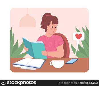 Female student distracted by notifications on phone 2D vector isolated illustration. Surprised girl flat character on cartoon background. Colourful editable scene for mobile, website, presentation. Female student distracted by notifications on phone 2D vector isolated illustration