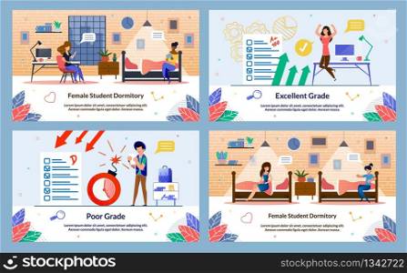 Female Student Dormitory, Poor Excellent Grade. Girls Sit Dorm Room in Evening and Talk, Woman Casual Clothes Cauterizes with Joy and Delight. Guy is Fighting Bomb. Vector Illustration.