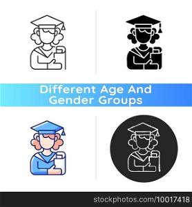 Female student icon. Young adulthood. Late adolescence. Establishing oneself as independent person. Emotional stability. Linear black and RGB color styles. Isolated vector illustrations. Female student icon