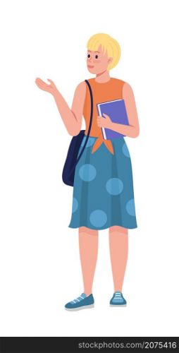 Female student in summer outfit semi flat color vector character. Standing figure. Full body person on white. Young girl isolated modern cartoon style illustration for graphic design and animation. Female student in summer outfit semi flat color vector character