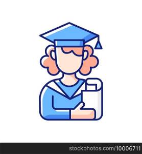 Female student RGB color icon. Young adulthood. Late adolescence. Establishing oneself as independent person. Emotional stability. Deciding on initial career direction. Isolated vector illustration. Female student RGB color icon