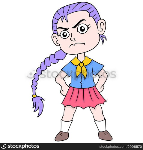 female student wearing apretty uniform with a angry face with braided