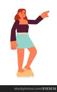 Female student wearing trendy summer clothes pointing semi flat colorful vector character. Editable full body person on white. Simple cartoon spot illustration for web graphic design and animation. Female student wearing trendy summer clothes pointing semi flat colorful vector character