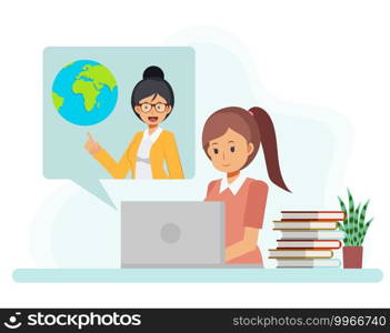 Female Students is watching the lecture on the Internet. Homeschooling characters. Online education concept. Social distancing ,flat vector cartoon character illustration.