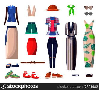 Female summer clothes and stylish shoes. Long dress, elegant costume, bright shorts, fancy skirts and fashionable accessories vector illustrations.. Female Bright Summer Clothes and Stylish Shoes Set