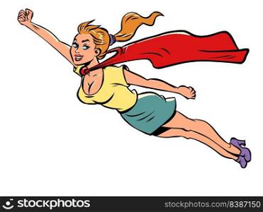 female superhero, girl in red cape flying, help, feminism female power. Comic cartoon vintage retro hand drawing illustration. female superhero, girl in red cape flying, help, feminism female power