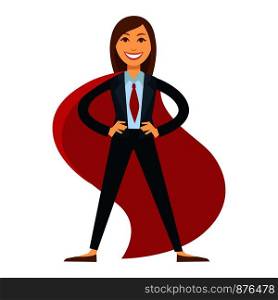 Female superhero in office suit with red tie and cloak. Superwoman in strong pose. Confident happy businesswoman as sample of powerful female leader isolated cartoon flat vector illustration.. Female superhero in office suit with red tie and cloak