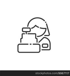 Female supermarket cashier thin line icon. Woman and a cash register. Isolated outline commerce vector illustration