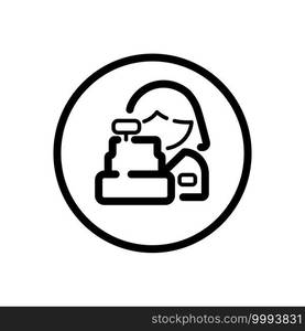 Female supermarket cashier. Woman and cash register. Commerce outline icon in a circle. Isolated vector illustration