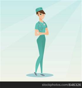 Female surgeon standing with arms crossed. Young caucasian confident surgeon in medical uniform. Happy female surgeon with a stethoscope on her neck. Vector flat design illustration. Square layout.. Young confident surgeon with arms crossed.