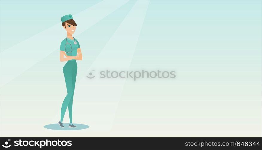Female surgeon standing with arms crossed. Young caucasian confident surgeon in medical uniform. Happy female surgeon with a stethoscope on her neck. Vector flat design illustration. Horizontal layout. Young confident surgeon with arms crossed.