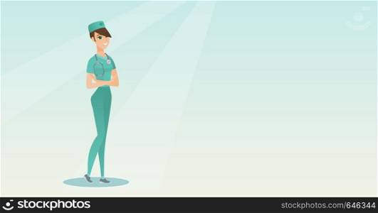 Female surgeon standing with arms crossed. Young caucasian confident surgeon in medical uniform. Happy female surgeon with a stethoscope on her neck. Vector flat design illustration. Horizontal layout. Young confident surgeon with arms crossed.