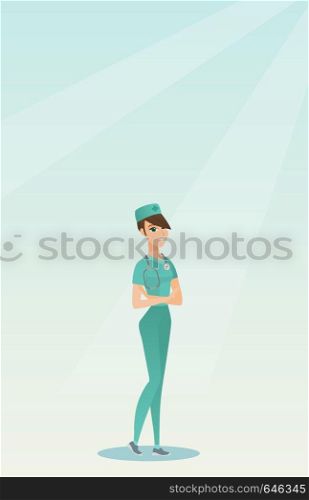 Female surgeon standing with arms crossed. Young caucasian confident surgeon in medical uniform. Happy female surgeon with a stethoscope on her neck. Vector flat design illustration. Vertical layout.. Young confident surgeon with arms crossed.