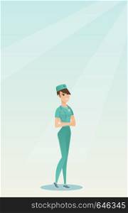 Female surgeon standing with arms crossed. Young caucasian confident surgeon in medical uniform. Happy female surgeon with a stethoscope on her neck. Vector flat design illustration. Vertical layout.. Young confident surgeon with arms crossed.