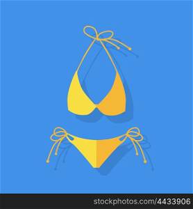 Female Swimsuit Isolated. Female yellow swimsuit sexy sensual bikin isolated on blue background. Fashion cloth vacation accessory. Vector illustration