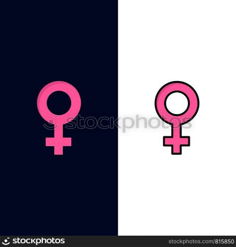 Female, Symbol, Gender Icons. Flat and Line Filled Icon Set Vector Blue Background