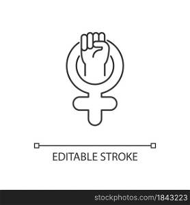 Female symbol linear icon. Pride in sisterhood. Clenched fist in venus sign. Self respect. Thin line customizable illustration. Contour symbol. Vector isolated outline drawing. Editable stroke. Female symbol linear icon