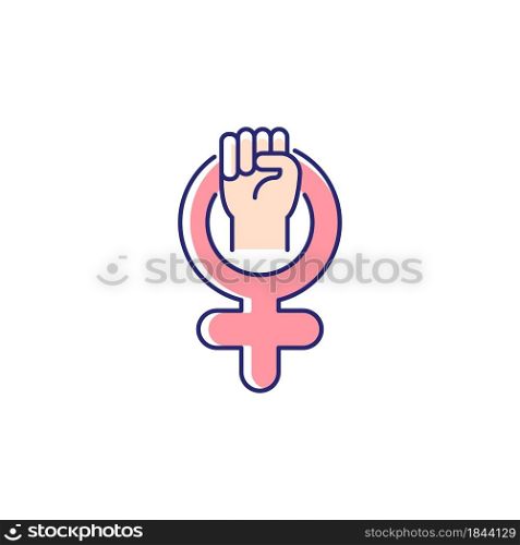 Female symbol RGB color icon. Pride in sisterhood. Clenched fist in venus sign. Self respect. Mental strength. Female power. Represent women. Isolated vector illustration. Simple filled line drawing. Female symbol RGB color icon