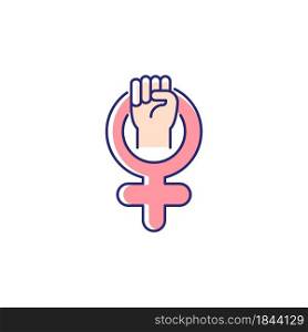 Female symbol RGB color icon. Pride in sisterhood. Clenched fist in venus sign. Self respect. Mental strength. Female power. Represent women. Isolated vector illustration. Simple filled line drawing. Female symbol RGB color icon