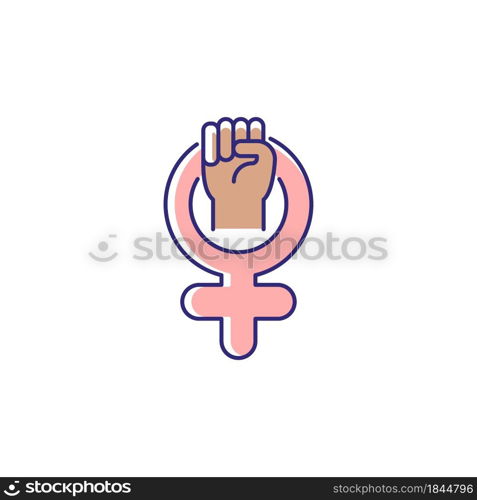 Female symbol RGB color icon. Pride in sisterhood. Clenched fist in venus sign. Self respect. Mental strength. Female power. Represent women. Isolated vector illustration. Simple filled line drawing. Female symbol RGB color icon