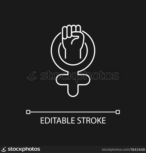 Female symbol white linear icon for dark theme. Pride in sisterhood. Clenched fist in venus sign. Thin line customizable illustration. Isolated vector contour symbol for night mode. Editable stroke. Female symbol white linear icon for dark theme