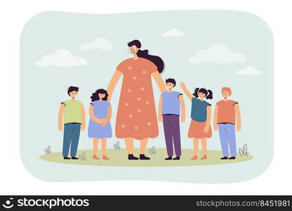 Female teacher and kids walking outdoors. Woman watching group of school children on grass. Vector illustration for pedagogy, education, daycare concept