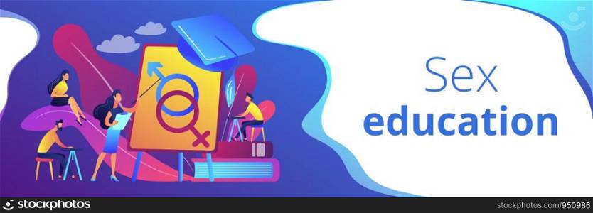 Female teacher at board giving a lesson on sexual education to students. Sex education, sexual health teaching, sex education lesson concept. Header or footer banner template with copy space.. Sexual education concept banner header.