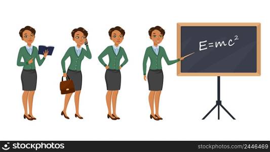 Female teacher character set with different poses, emotions, actions. Textbook, phone call, testing, teaching lesson. Can be used for school, education, physics