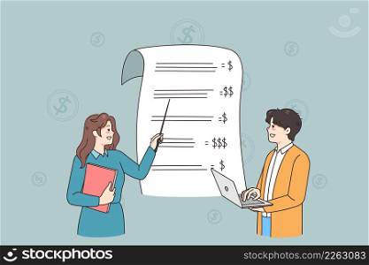 Female teacher explain finances to guy student at class in school or college. Financial advisor or consult talk about money earn and cost optimization strategies. Flat vector illustration. . Financial advisor talk about income balance and spending